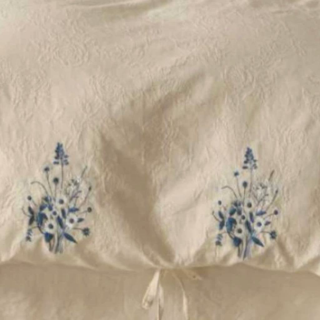 Beige Cotton Muslin Bedding Set with Blue Embroidery | 100% Cotton Duvet Cover Set