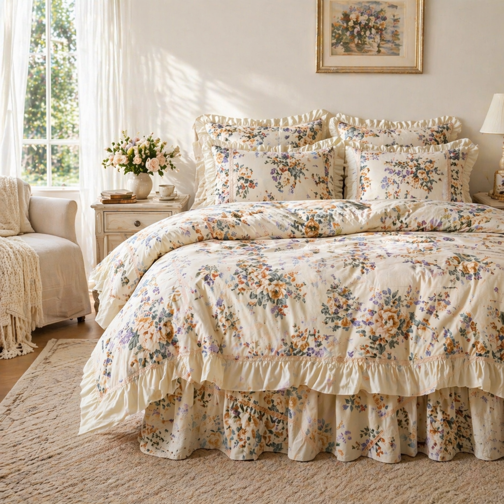 Floral Cotton Bedding Set with Ruffled Bed Skirt – Romantic Cottage Bedroom