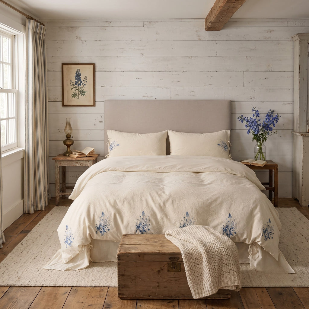 Beige Cotton Muslin Bedding Set with Blue Embroidery | 100% Cotton Duvet Cover Set