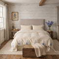 Beige Cotton Muslin Bedding Set with Blue Embroidery | 100% Cotton Duvet Cover Set