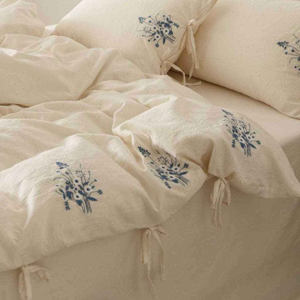 Beige Cotton Muslin Bedding Set with Blue Embroidery | 100% Cotton Duvet Cover Set