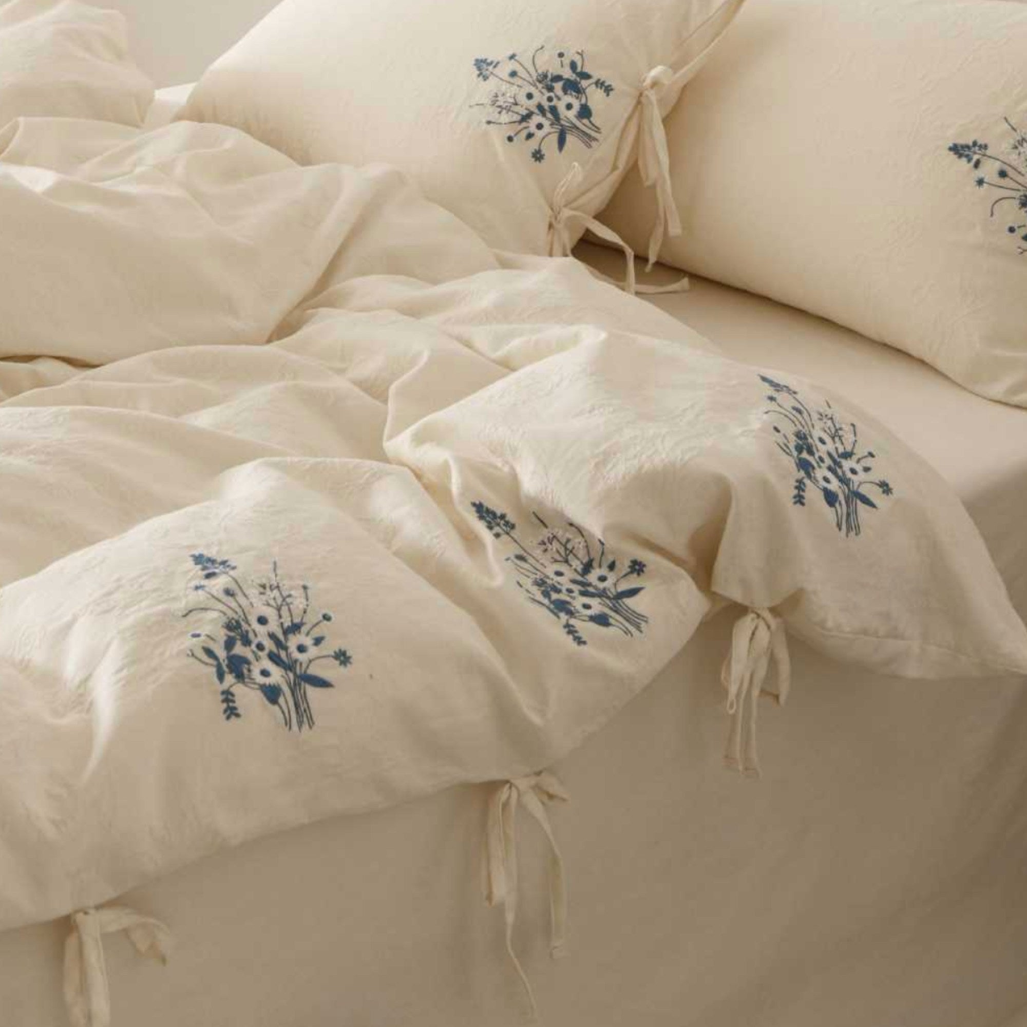 Beige Cotton Muslin Bedding Set with Blue Embroidery | 100% Cotton Duvet Cover Set