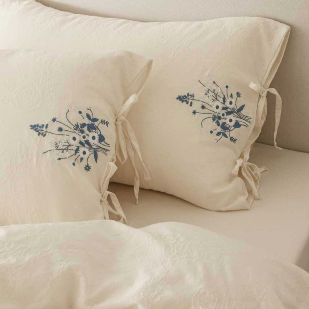 Beige Cotton Muslin Bedding Set with Blue Embroidery | 100% Cotton Duvet Cover Set