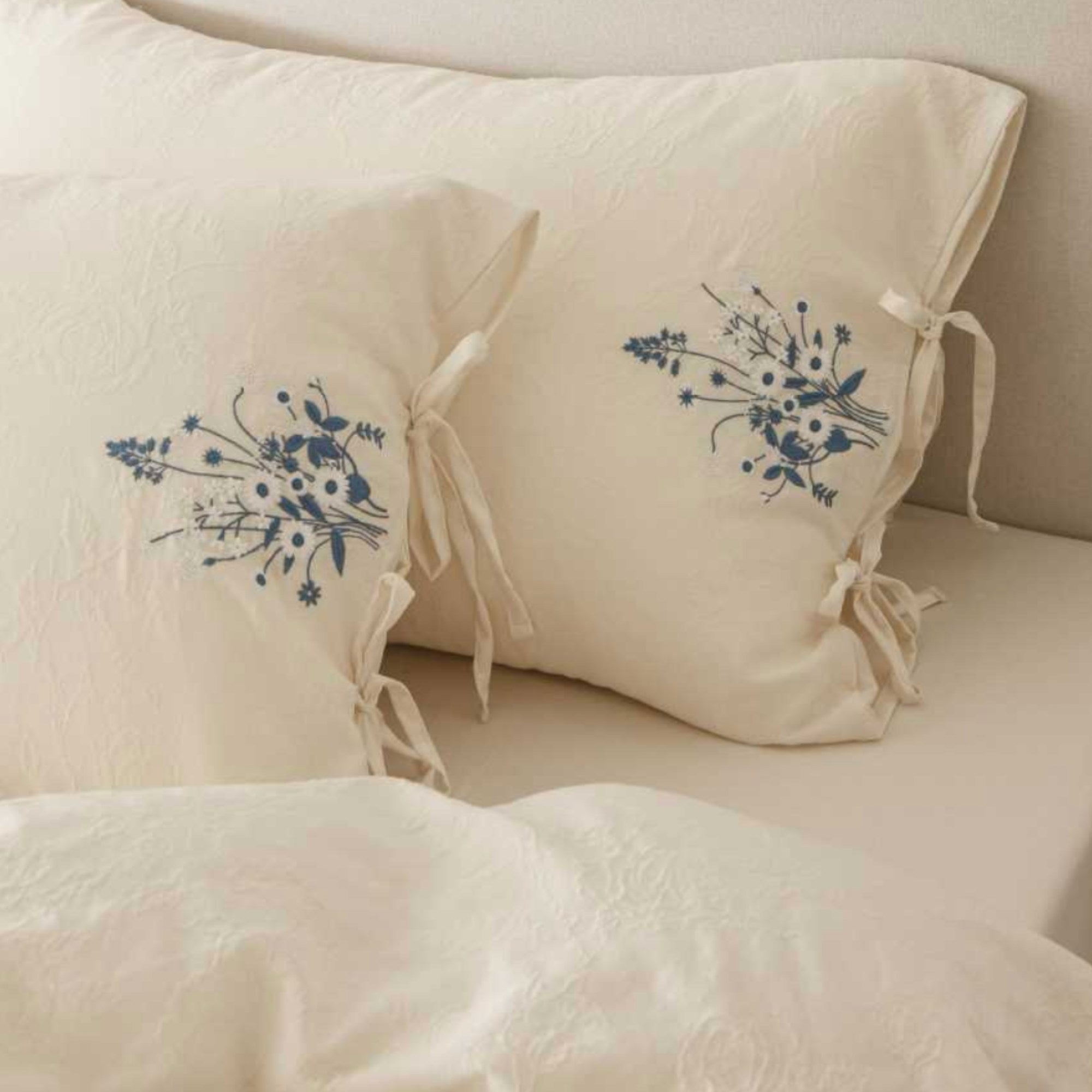 Beige Cotton Muslin Bedding Set with Blue Embroidery | 100% Cotton Duvet Cover Set