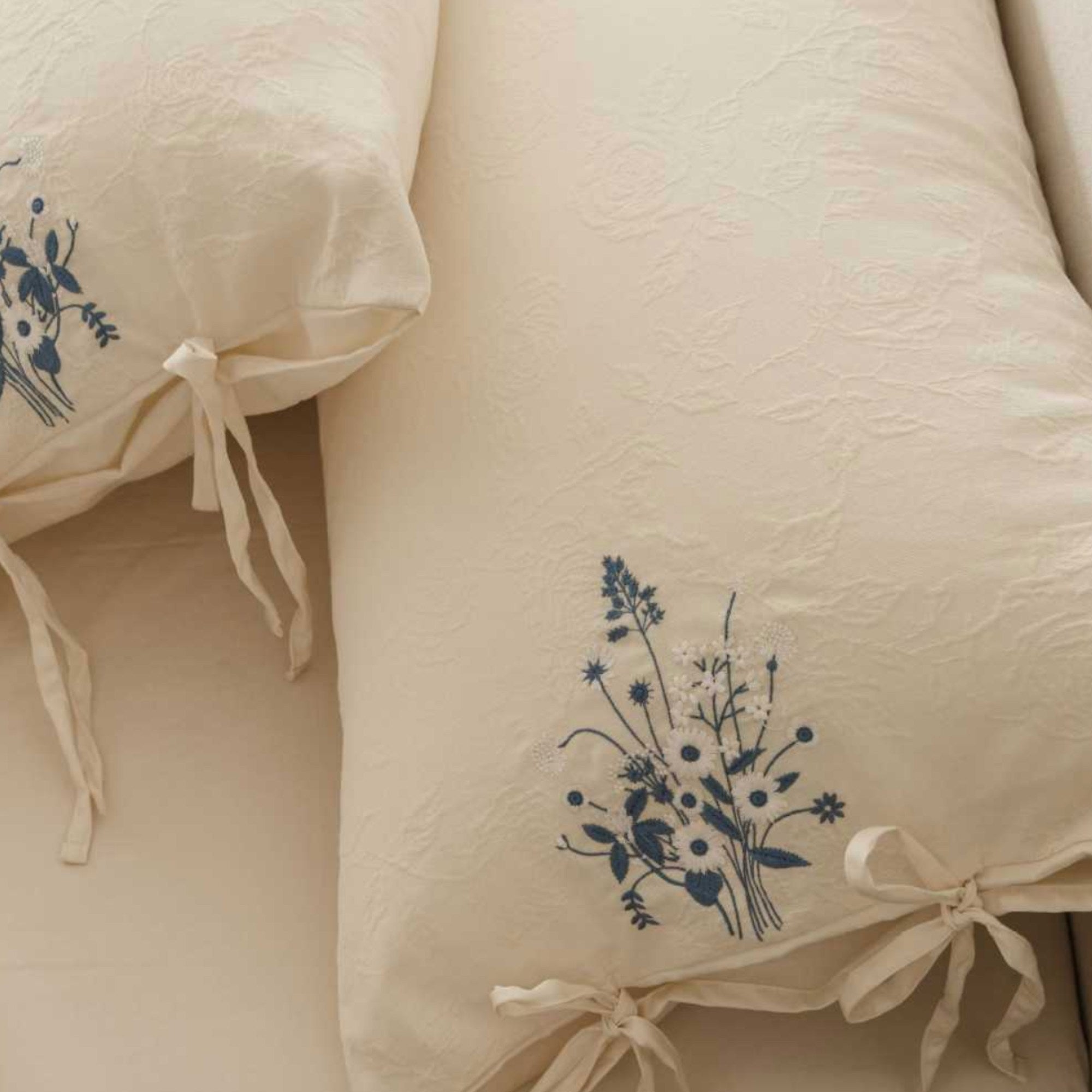Beige Cotton Muslin Bedding Set with Blue Embroidery | 100% Cotton Duvet Cover Set