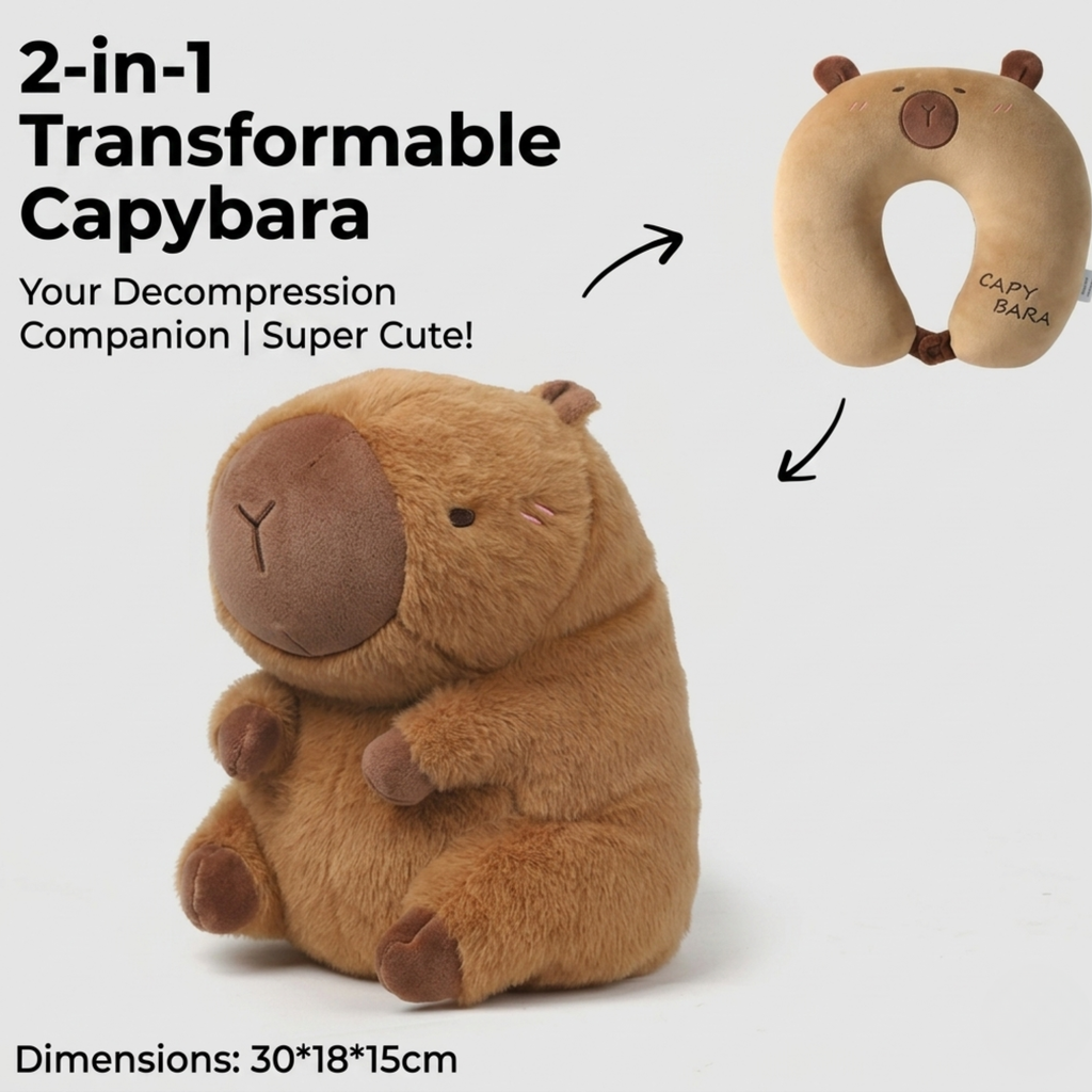 Capybara 2-in-1 Transforming Plush Pillow – Cute Travel Neck Cushion