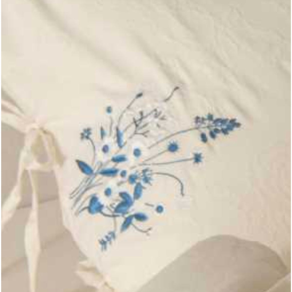 Beige Cotton Muslin Bedding Set with Blue Embroidery | 100% Cotton Duvet Cover Set