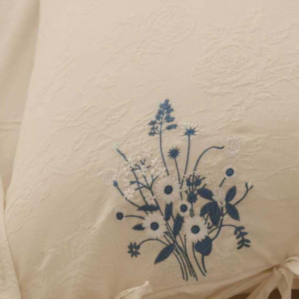 Beige Cotton Muslin Bedding Set with Blue Embroidery | 100% Cotton Duvet Cover Set