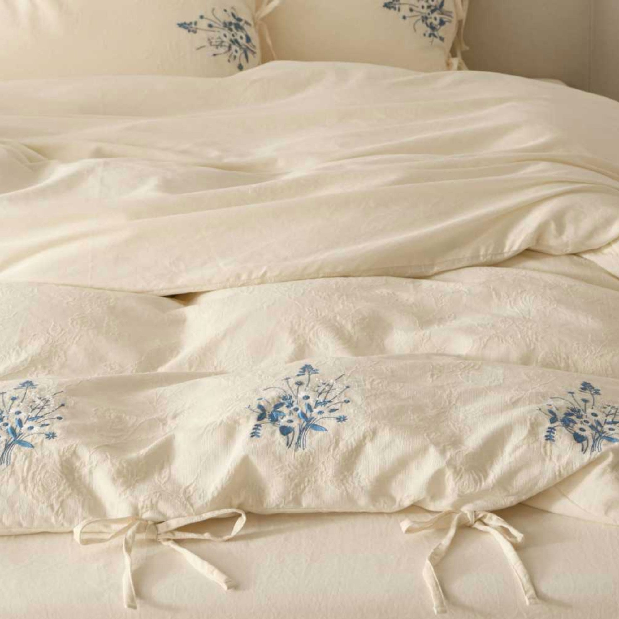 Beige Cotton Muslin Bedding Set with Blue Embroidery | 100% Cotton Duvet Cover Set