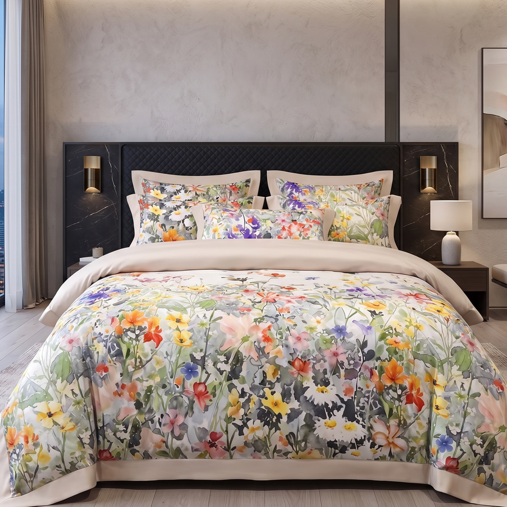 Floral Egyptian Cotton Bedding Set – Luxury Duvet Cover Set with Flat or Fitted Sheet