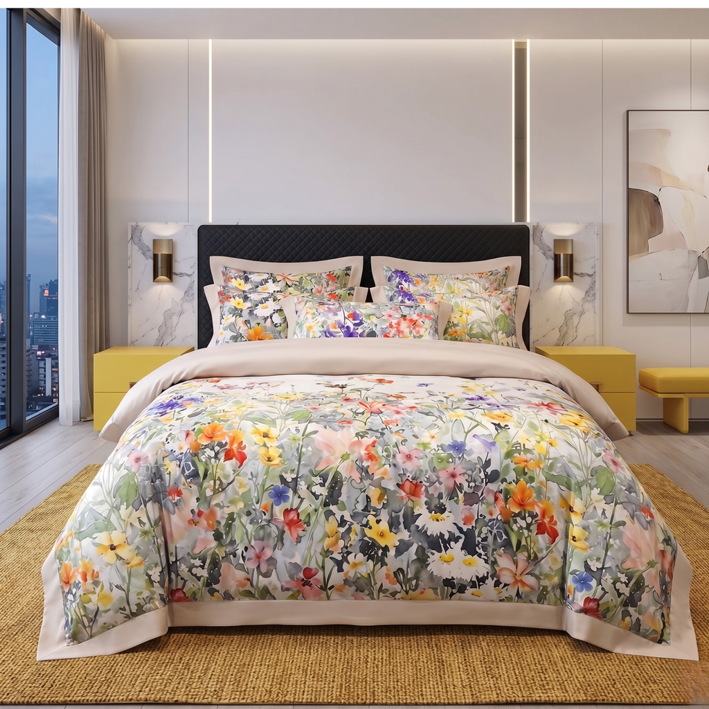 Floral Egyptian Cotton Bedding Set – Luxury Duvet Cover Set with Flat or Fitted Sheet