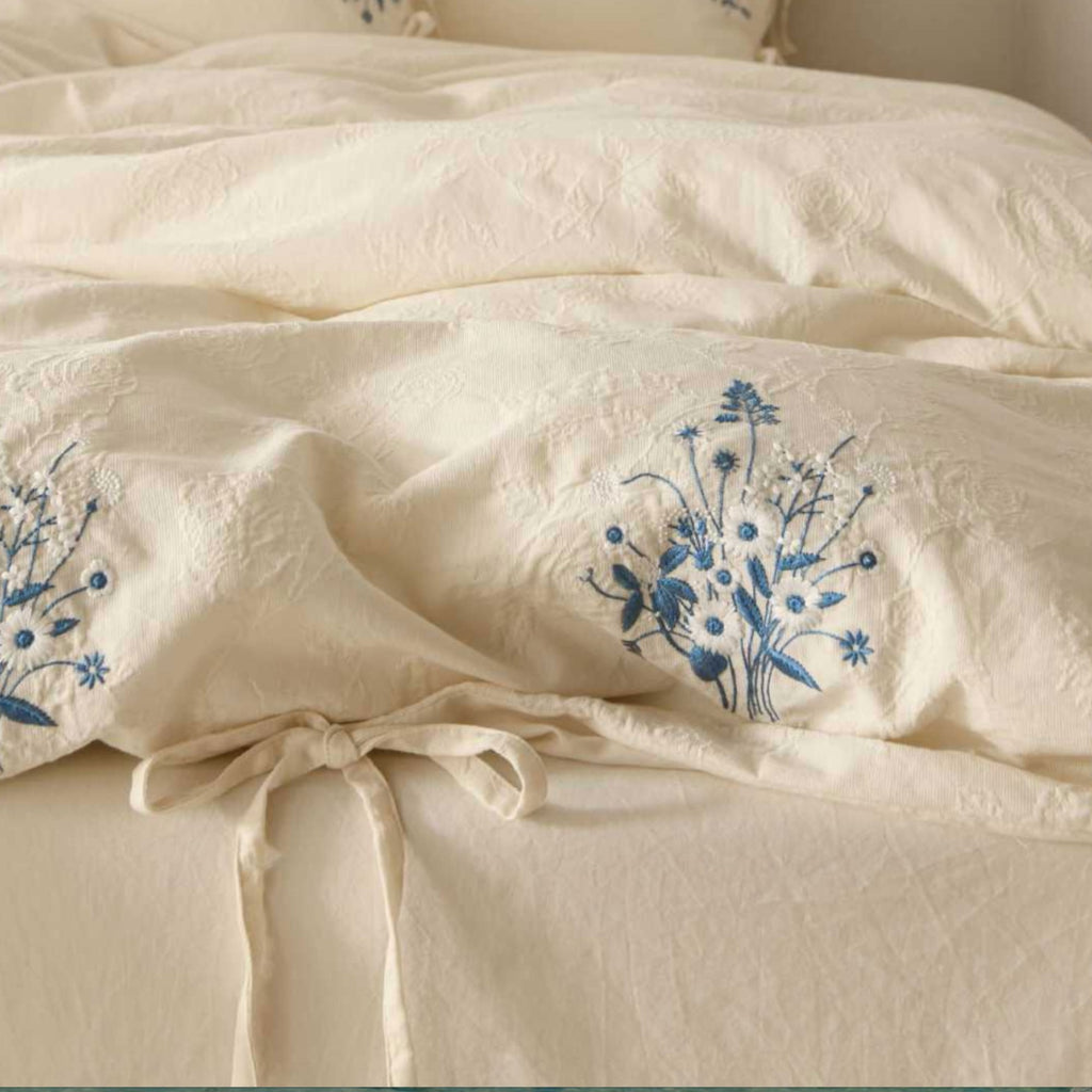 Beige Cotton Muslin Bedding Set with Blue Embroidery | 100% Cotton Duvet Cover Set