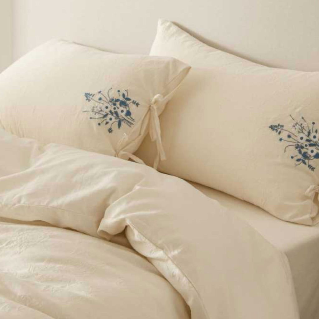 Beige Cotton Muslin Bedding Set with Blue Embroidery | 100% Cotton Duvet Cover Set