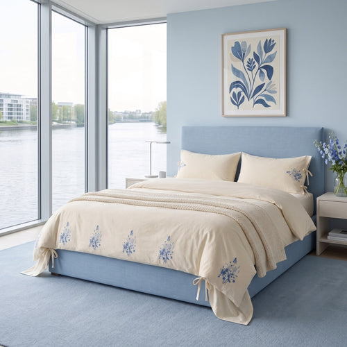 Beige Cotton Muslin Bedding Set with Blue Embroidery | 100% Cotton Duvet Cover Set