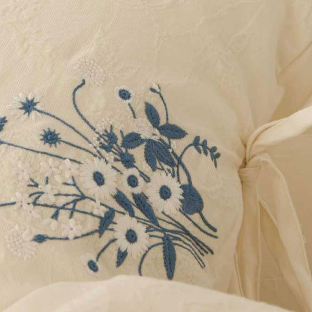 Beige Cotton Muslin Bedding Set with Blue Embroidery | 100% Cotton Duvet Cover Set