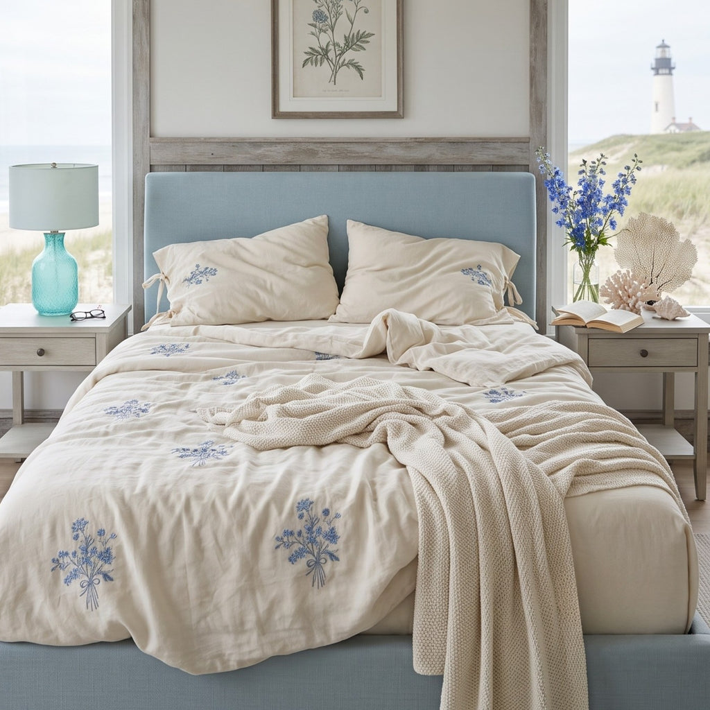 Beige Cotton Muslin Bedding Set with Blue Embroidery | 100% Cotton Duvet Cover Set