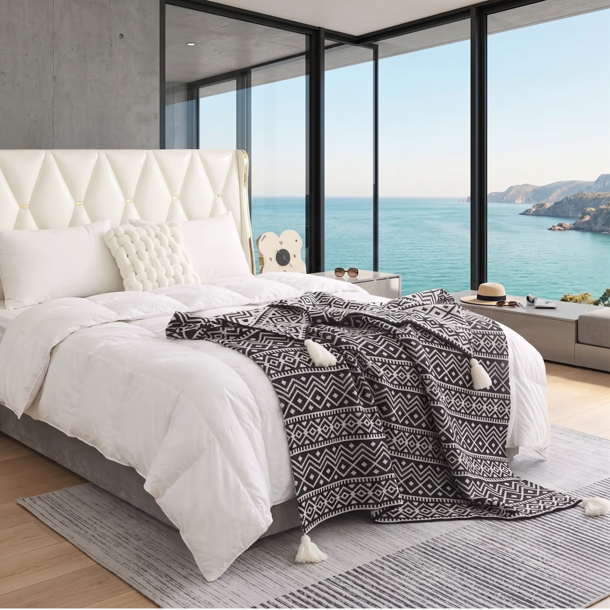 Black White Throw Blanket for Sofa – Soft Boho Knitted Bed Throw