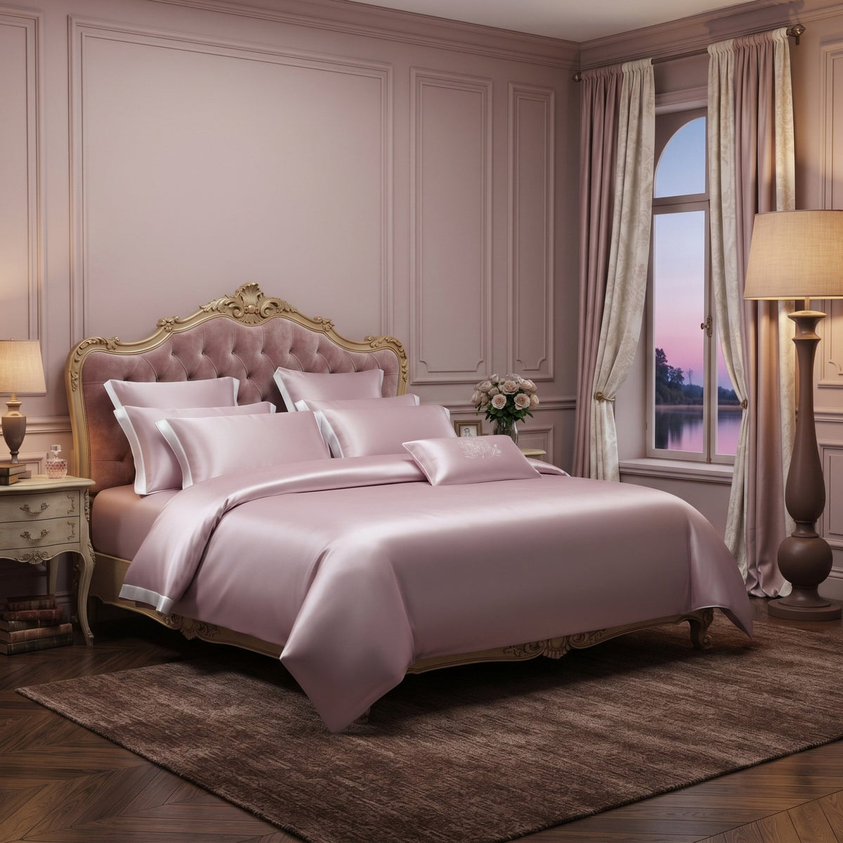 A luxury bedding set in a dusty pink silk fabric, styled on an ornate gold bed frame in a classic, elegant bedroom with pink paneled walls, a window with pink curtains, and a brown rug.