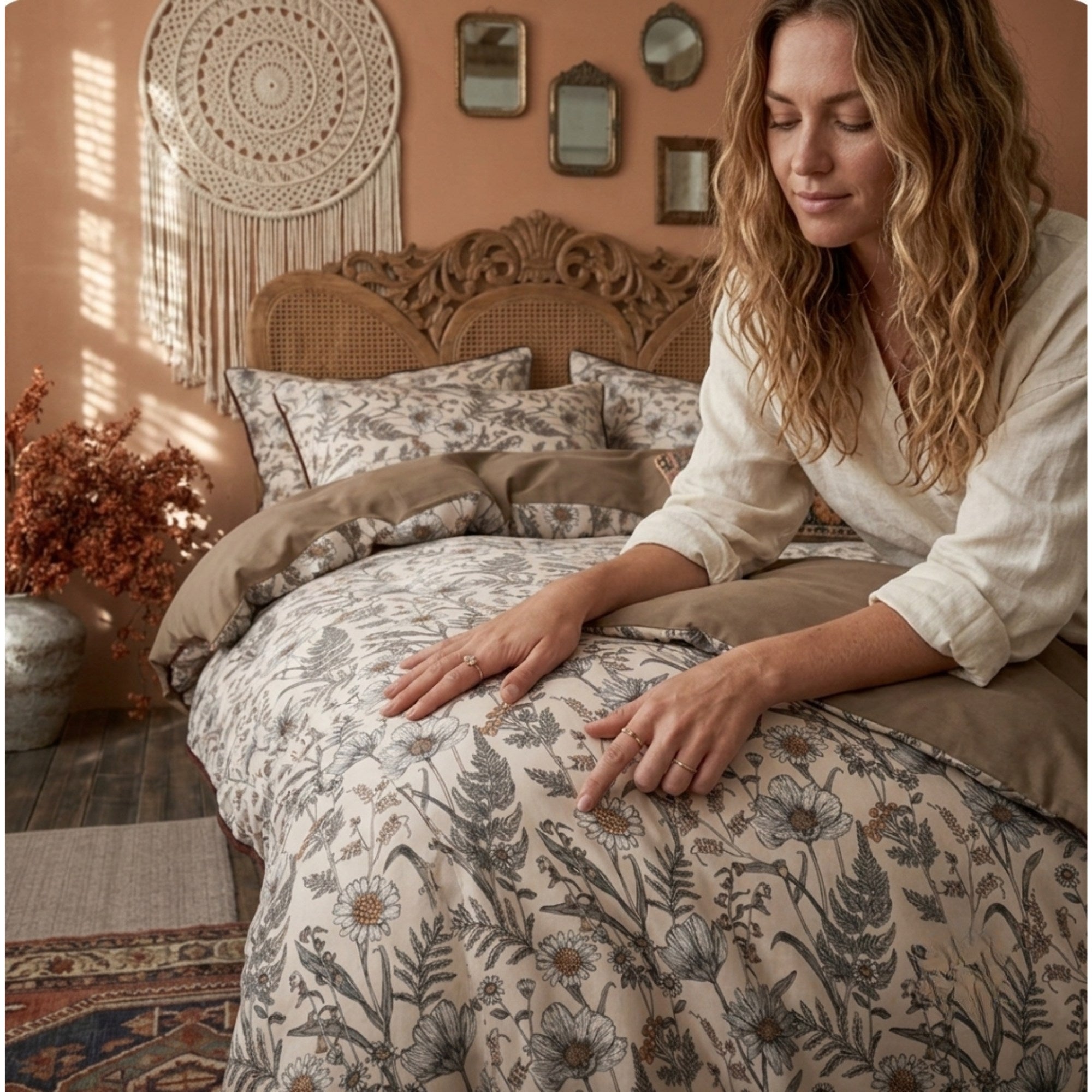 Vintage Botanical Cotton Linen Bedding Set | Cottage Floral Duvet Cover Set | Flat or Fitted Sheet