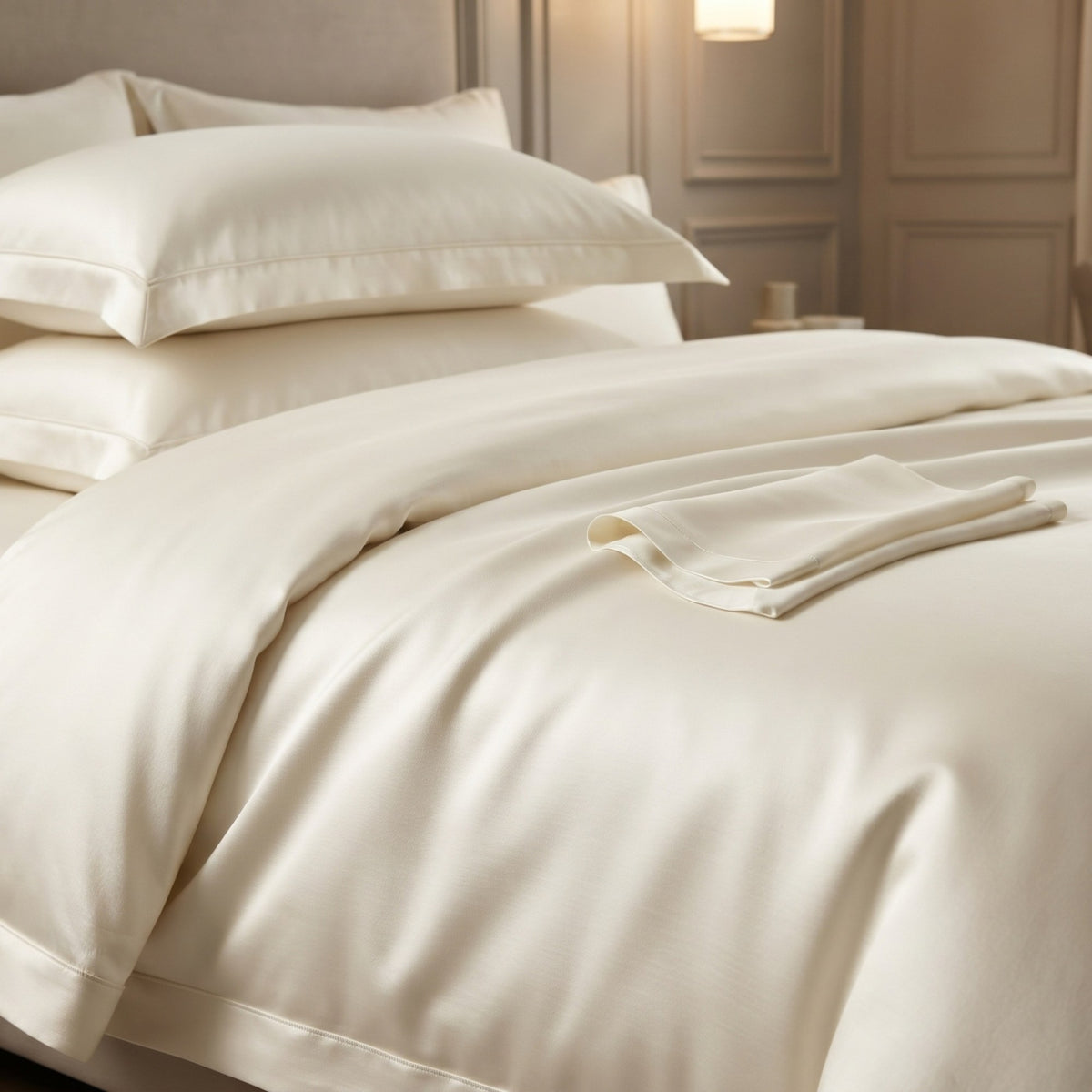 Cream-colored silk bedding set with multiple pillows and a folded matching napkin on a bed in a softly lit bedroom.
