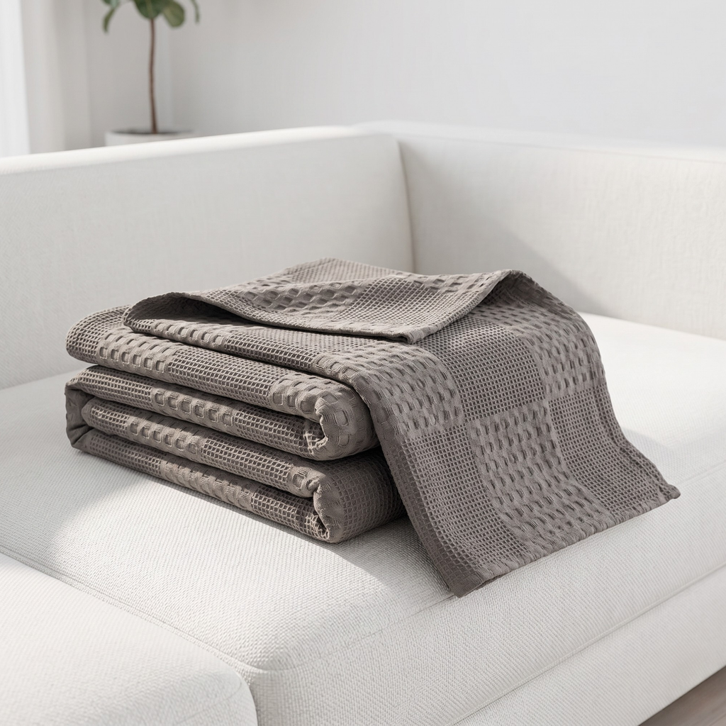 Dusty Blue Waffle Cotton Throw Blanket for Couch and Bed