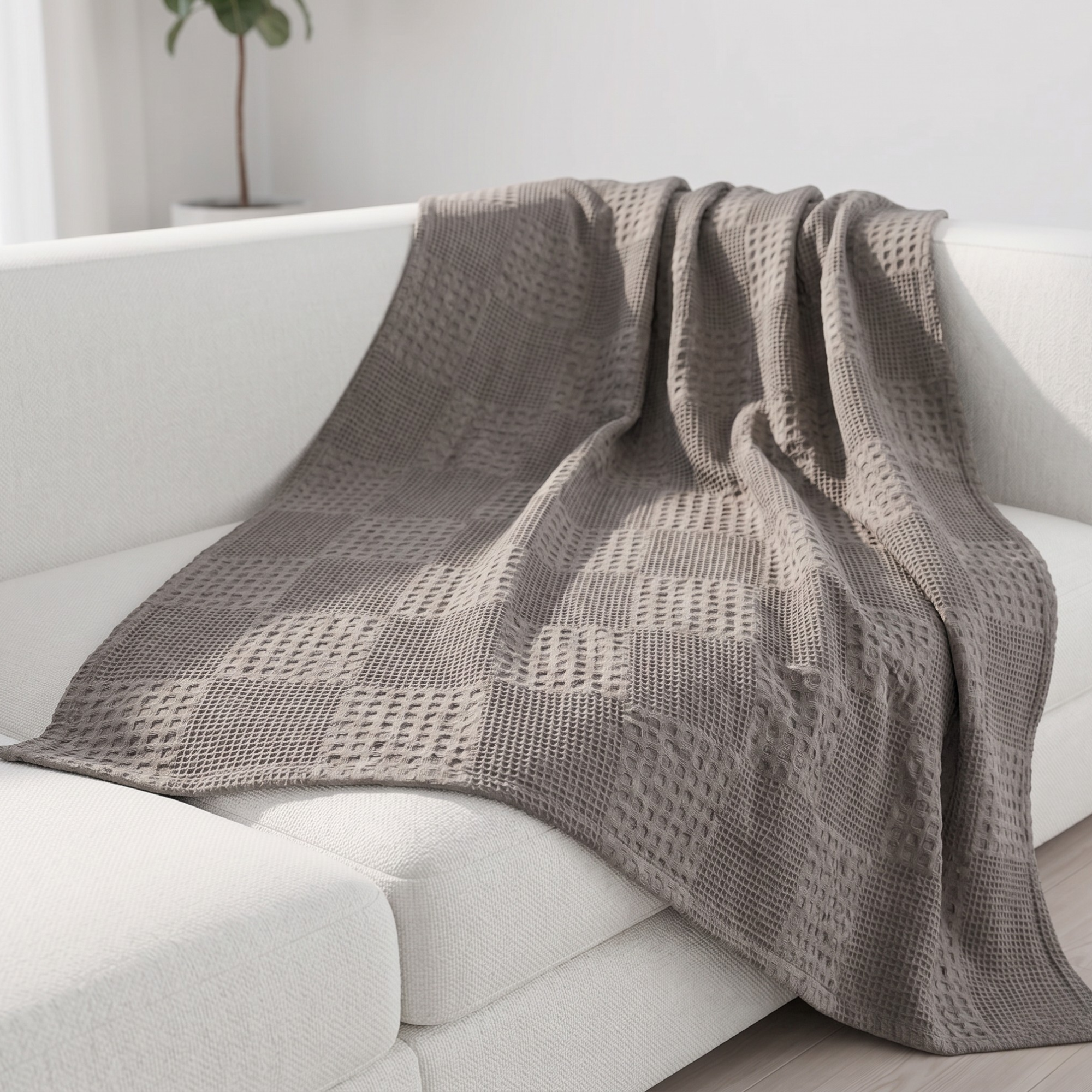 Dusty Blue Waffle Cotton Throw Blanket for Couch and Bed