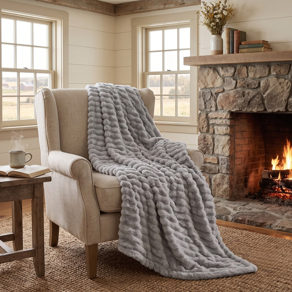 Luxury Double-Sided Faux Rabbit Fur Throw Blanket | Ultra Soft Plush | White, Grey & Powder Pink | 127×152 cm / 150×200 cm