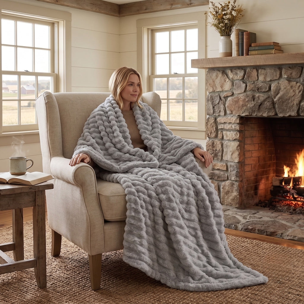Luxury Double-Sided Faux Rabbit Fur Throw Blanket | Ultra Soft Plush | White, Grey & Powder Pink | 127×152 cm / 150×200 cm