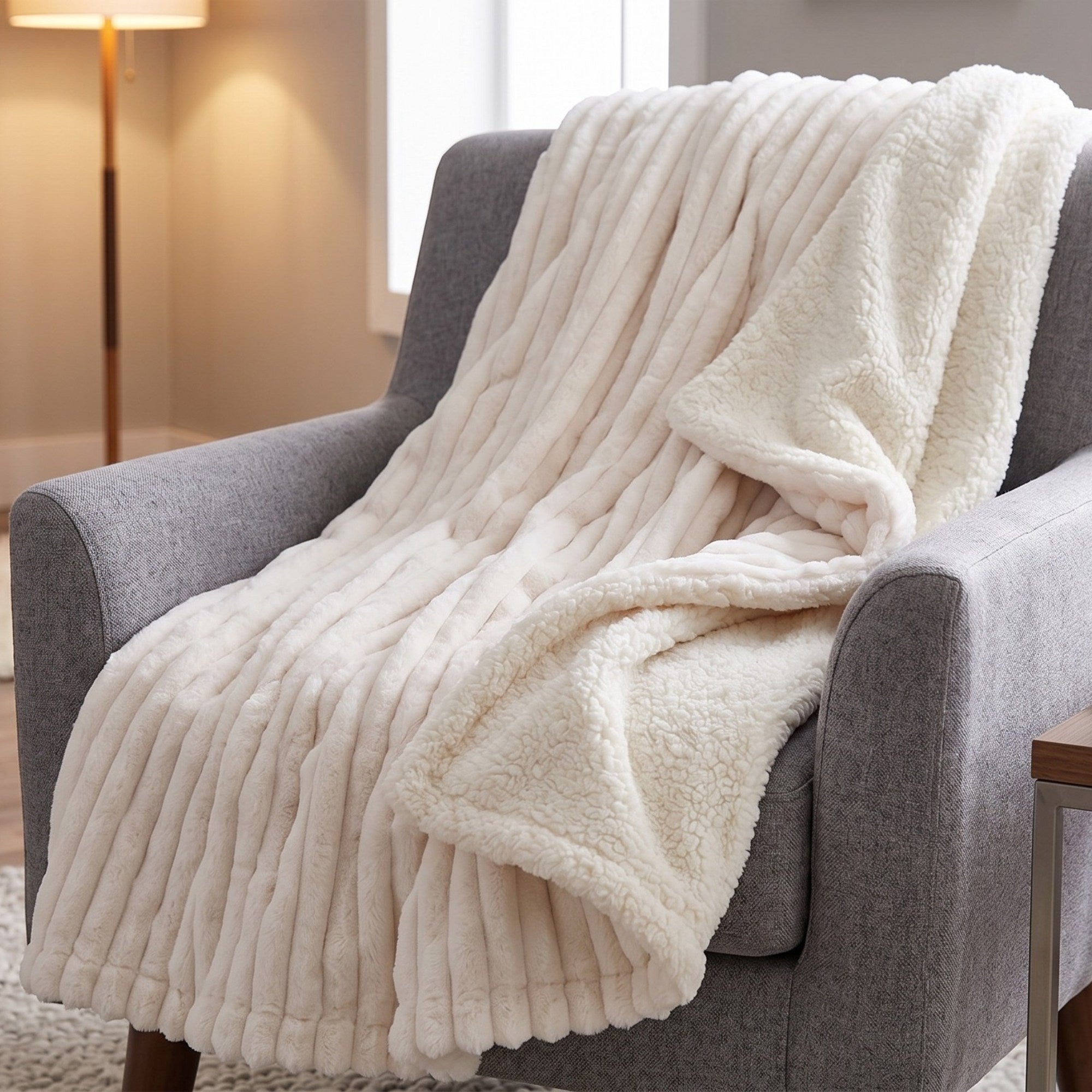 Luxury Double-Sided Faux Rabbit Fur Throw Blanket | Ultra Soft Plush | White, Grey & Powder Pink | 127×152 cm / 150×200 cm