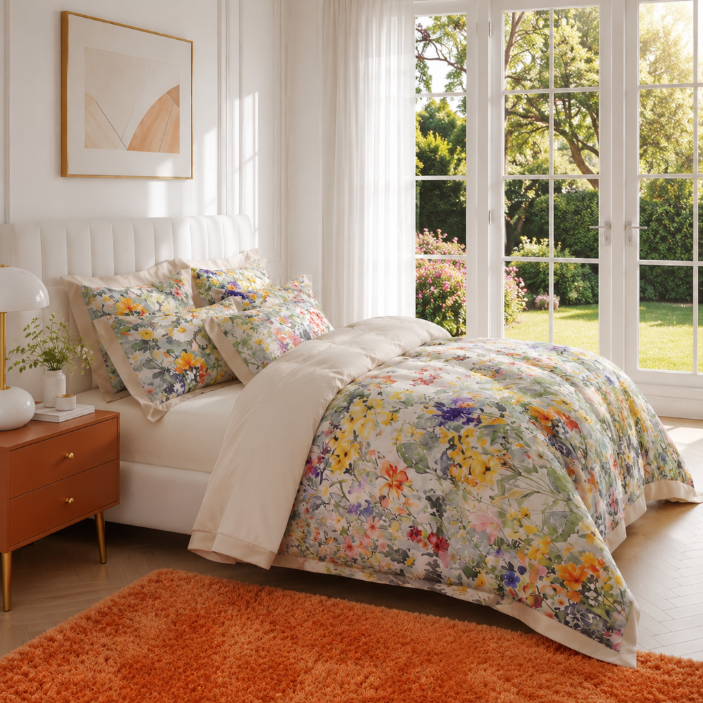 Floral Egyptian Cotton Bedding Set – Luxury Duvet Cover Set with Flat or Fitted Sheet