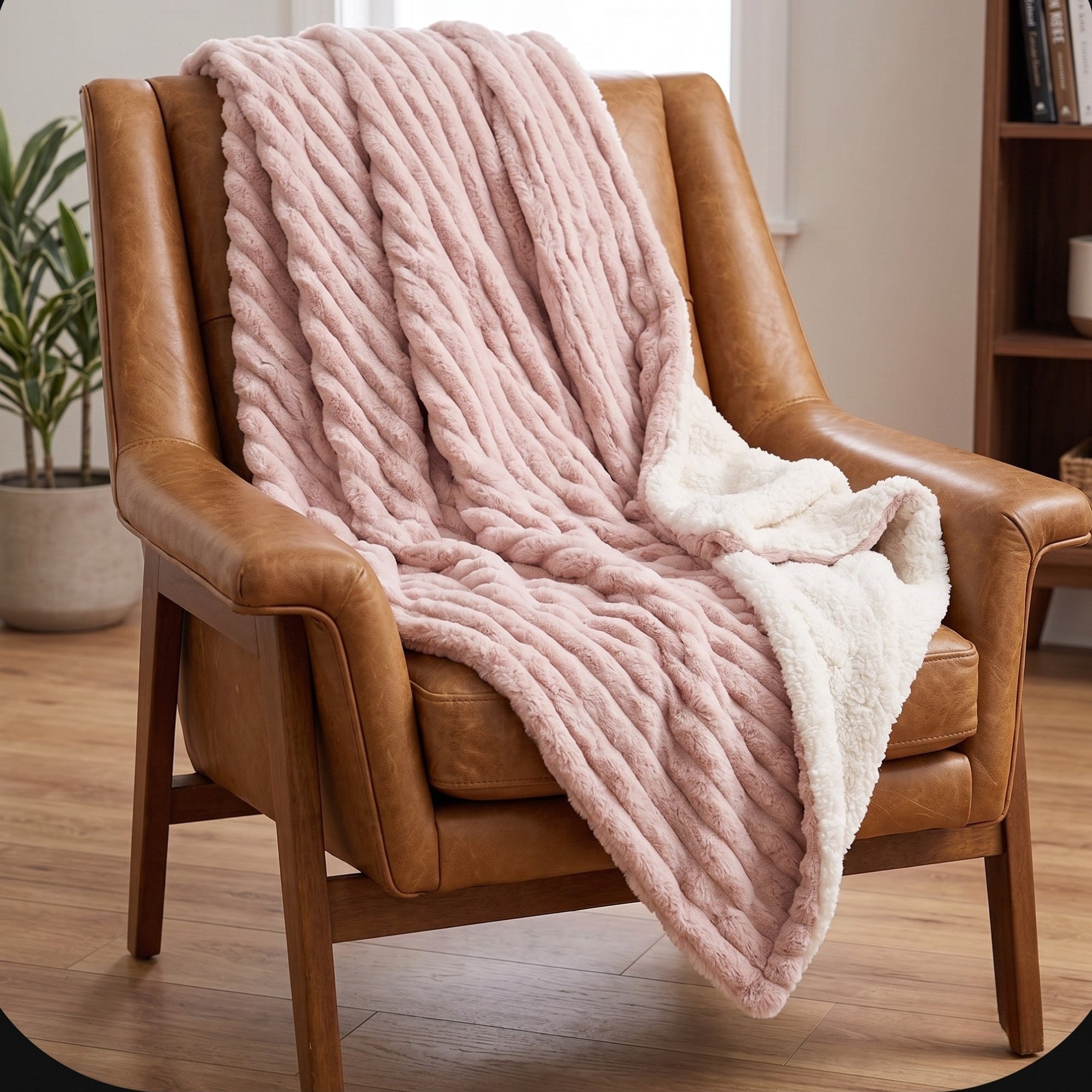 Luxury Double-Sided Faux Rabbit Fur Throw Blanket | Ultra Soft Plush | White, Grey & Powder Pink | 127×152 cm / 150×200 cm