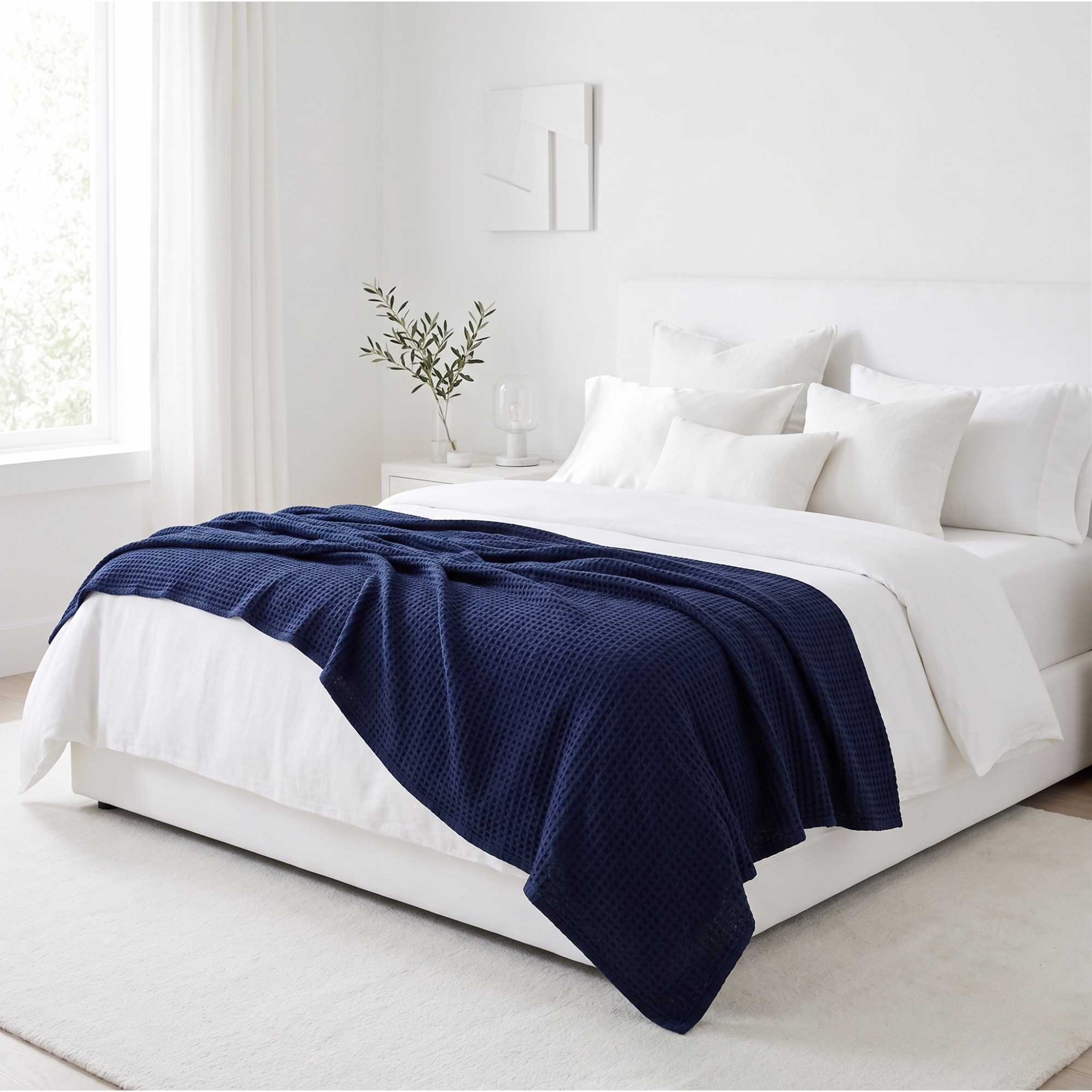 Deep Navy Waffle Blanket – Cozy Layering for Minimalist Homes