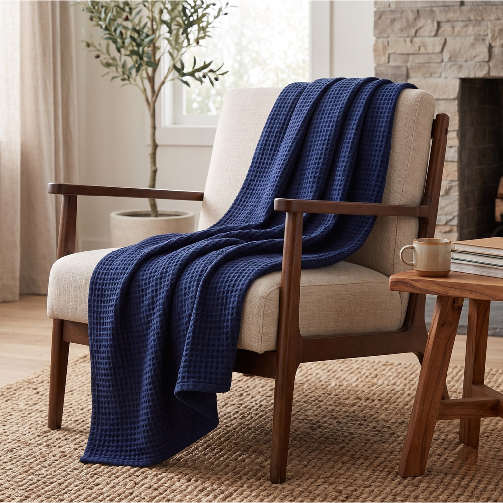 Deep Navy Waffle Blanket – Cozy Layering for Minimalist Homes