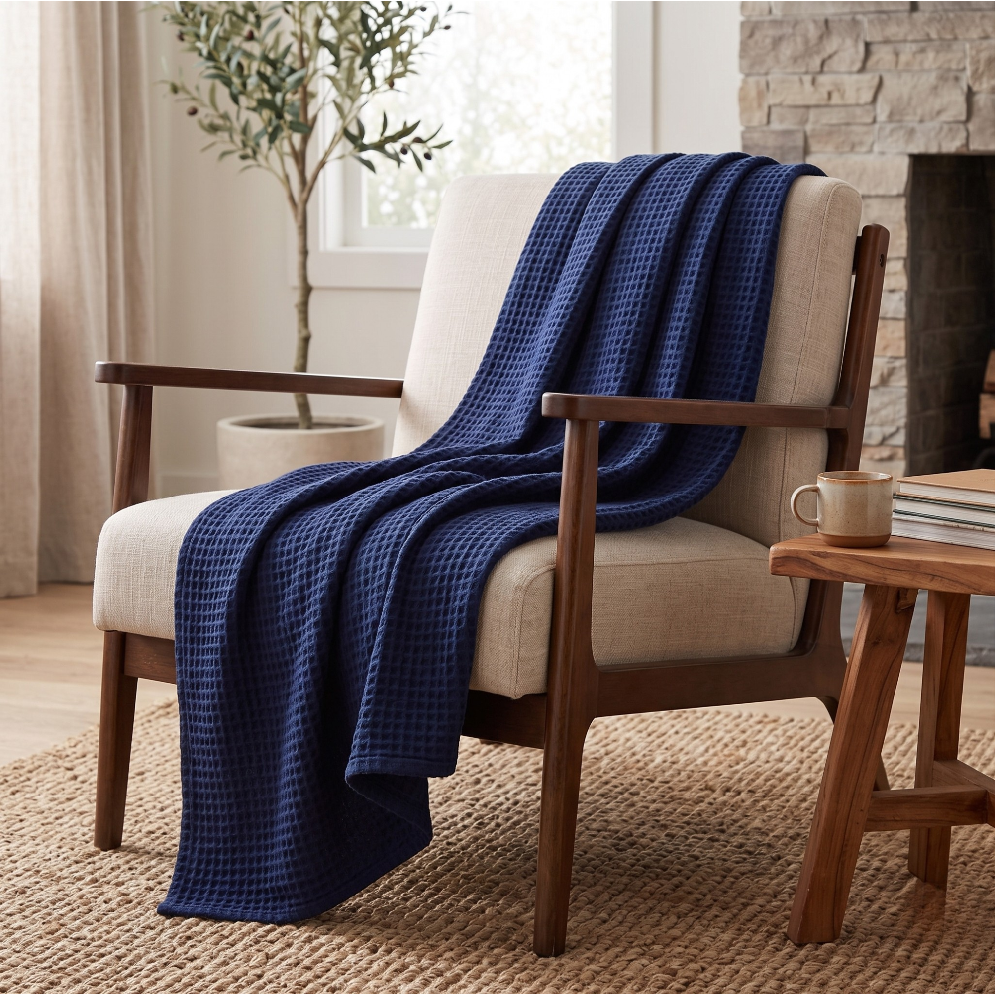 Deep Navy Waffle Blanket – Cozy Layering for Minimalist Homes