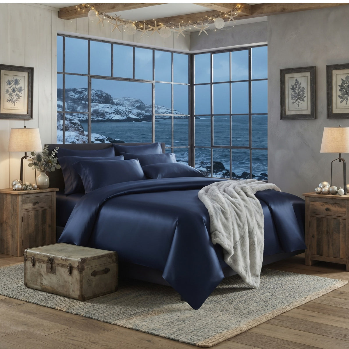 A navy blue bedding set with matching pillows and a textured throw blanket, styled on a bed in a rustic bedroom with large windows overlooking a snowy coastal landscape.