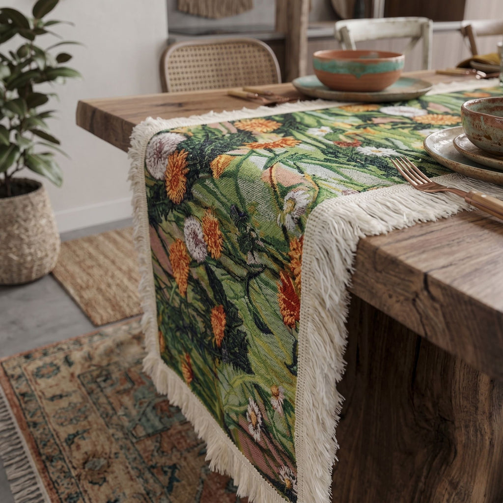 Bohemian Floral Table Runner | Vintage Botanical Tassel Table Runner