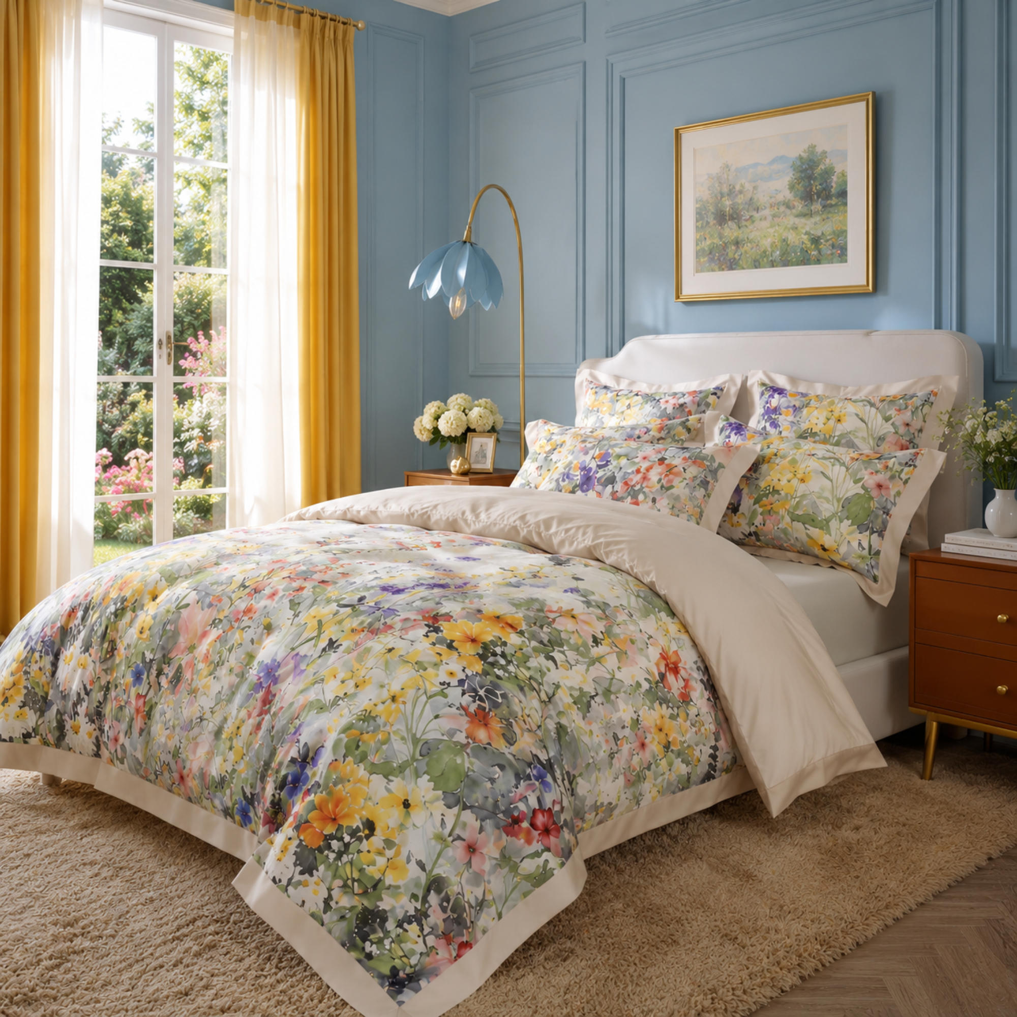 Floral Egyptian Cotton Bedding Set – Luxury Duvet Cover Set with Flat or Fitted Sheet