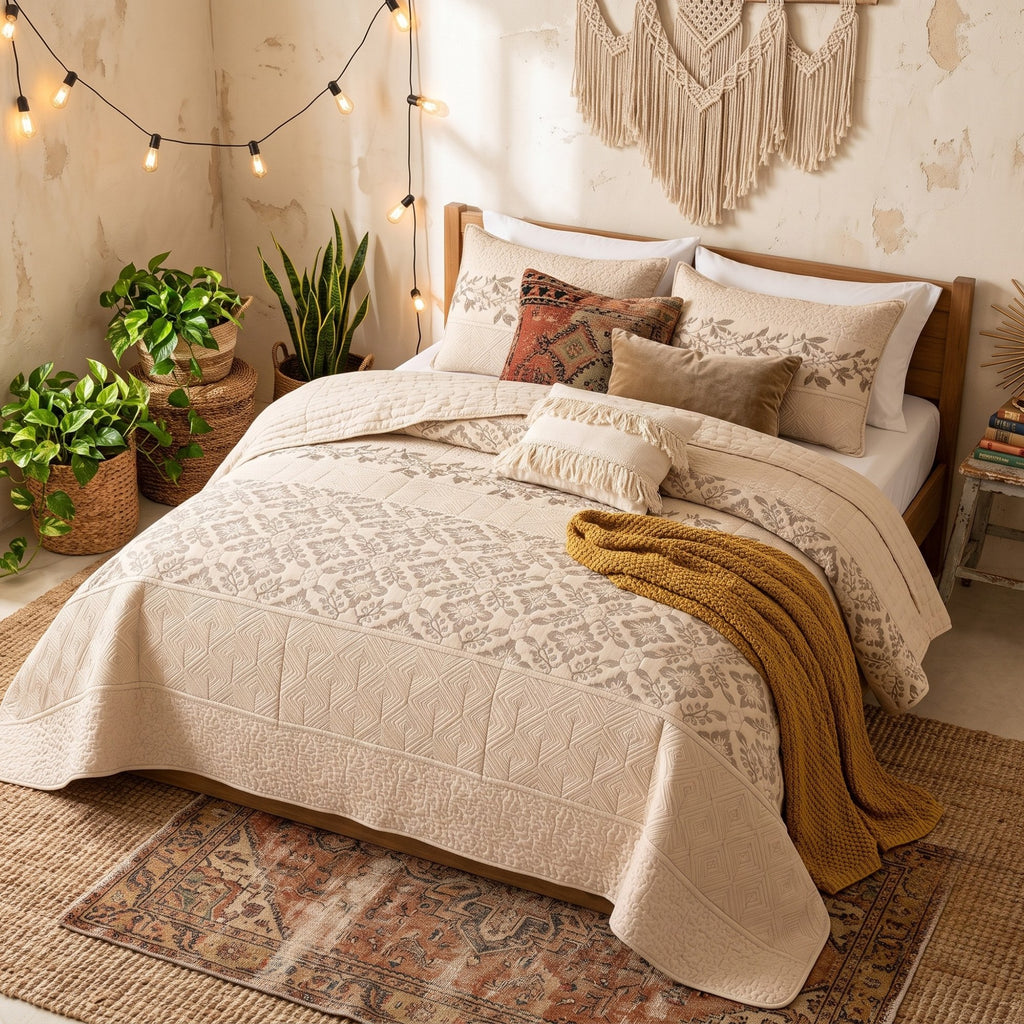 Embroidered Cotton Quilt Set – Luxury Quilted Bedspread | 3 Piece Set