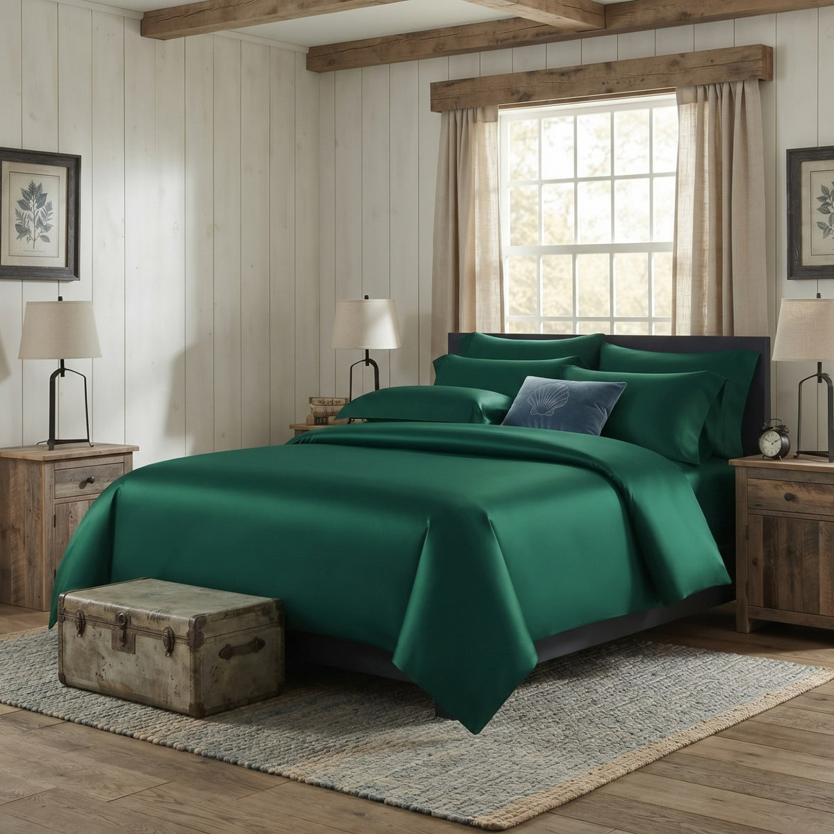 A bed dressed in rich emerald green bedding, including a comforter and matching pillows, styled in a rustic bedroom with wooden nightstands, lamps, a window, and a vintage trunk.