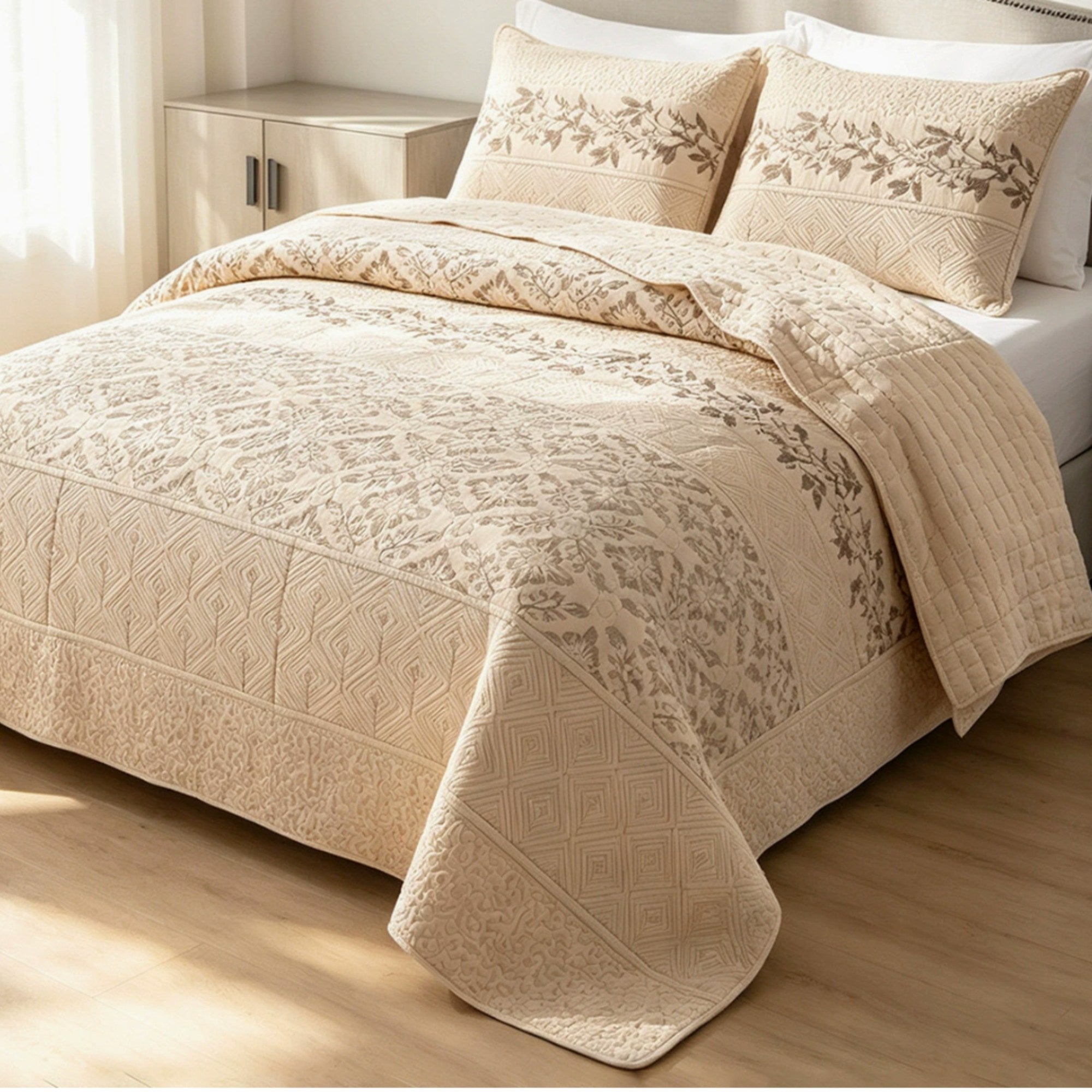 Embroidered Cotton Quilt Set – Luxury Quilted Bedspread | 3 Piece Set