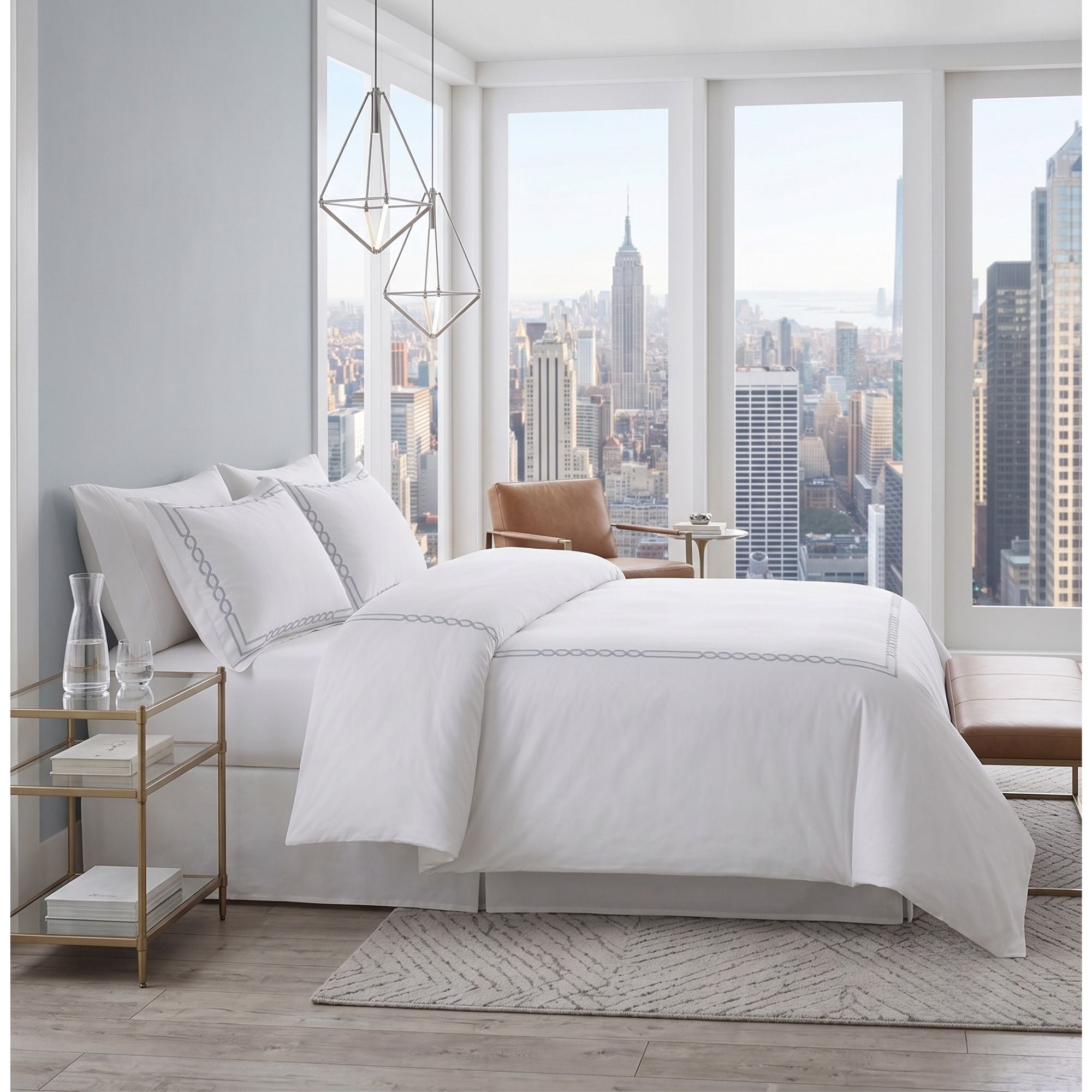 Luxury White Embroidered Cotton Bedding Set, , Hotel Style Duvet Cover Set with Flat Sheet, Elegant Bed Linen