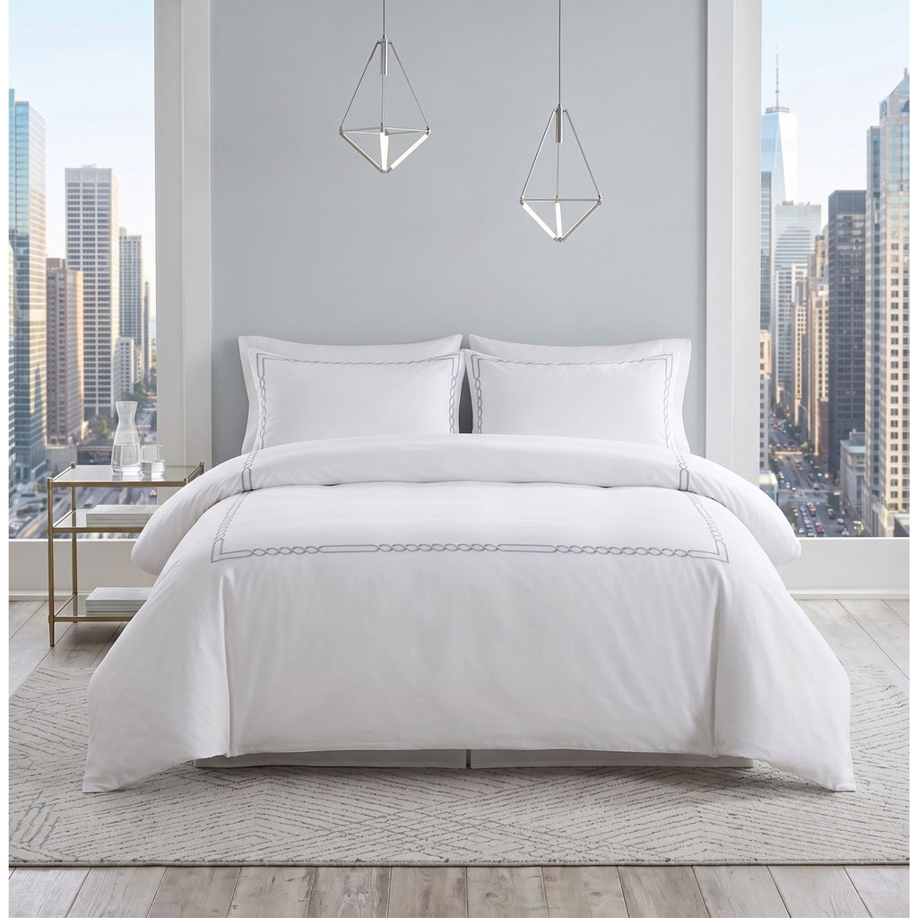 Luxury White Embroidered Cotton Bedding Set, , Hotel Style Duvet Cover Set with Flat Sheet, Elegant Bed Linen