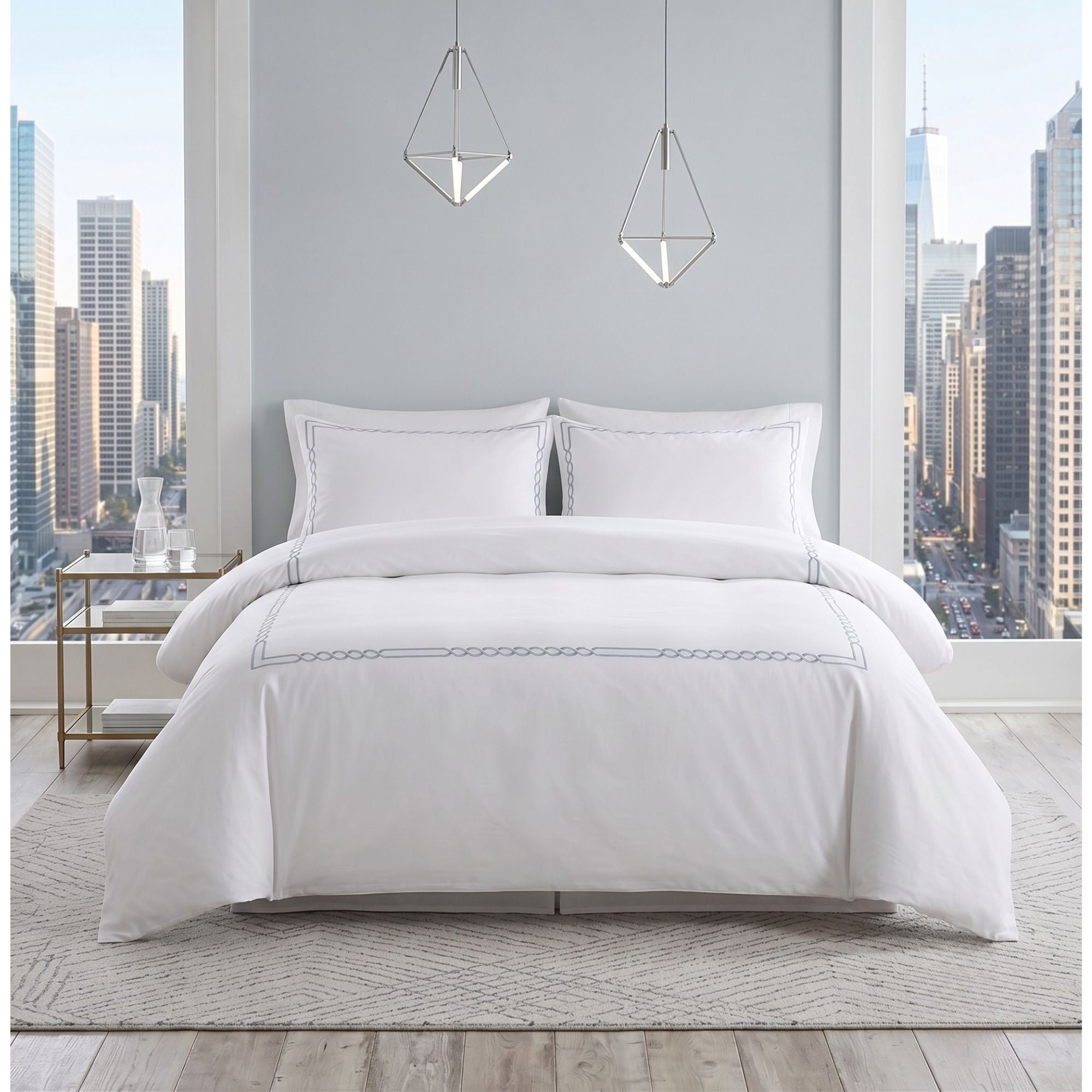 Luxury White Embroidered Cotton Bedding Set, , Hotel Style Duvet Cover Set with Flat Sheet, Elegant Bed Linen