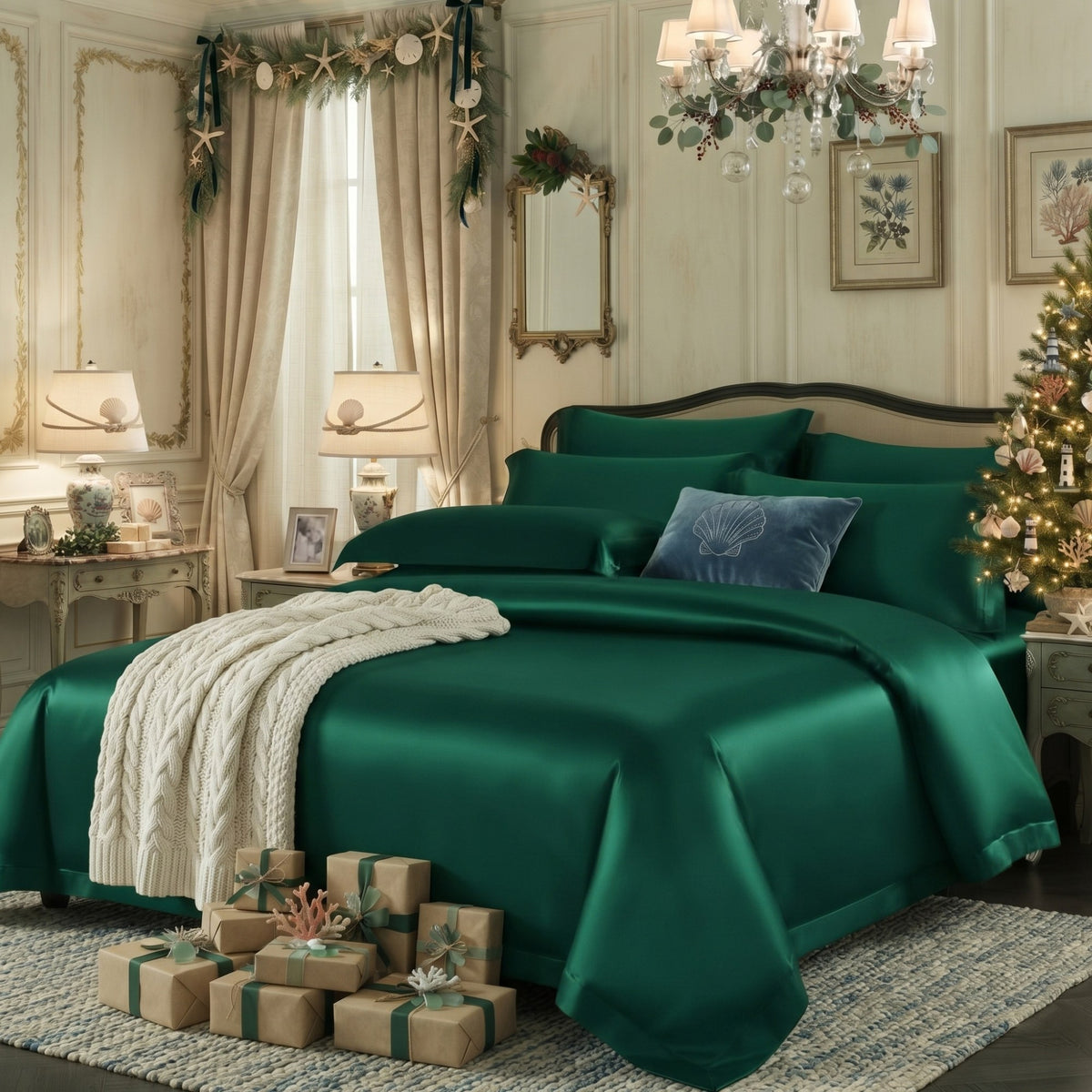 A bed dressed in rich emerald green mulberry silk bedding with matching pillows and a cream knit throw blanket, styled in a decorated holiday bedroom with a tree, wrapped gifts, and warm beige furnishings.