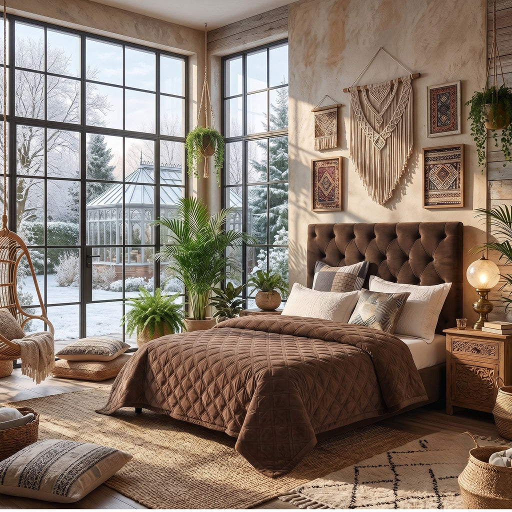 A cozy bedroom scene with a bed dressed in a brown quilted blanket and matching pillows, set in a warm, rustic room with large windows, plants, wall art, and a macrame hanging.