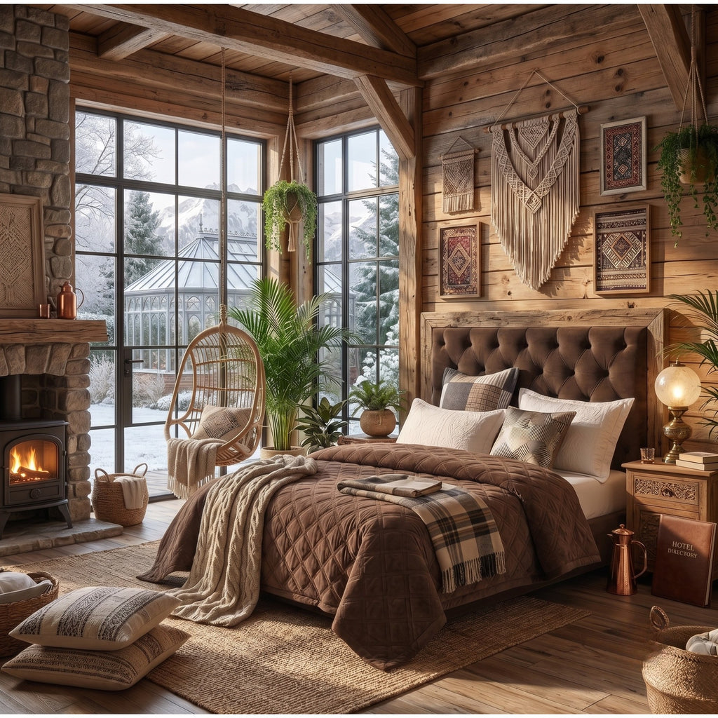 A cozy rustic bedroom scene with a bed dressed in brown and beige bedding, surrounded by warm wood walls, a stone fireplace with a fire, hanging plants, framed art, and a macrame wall hanging.