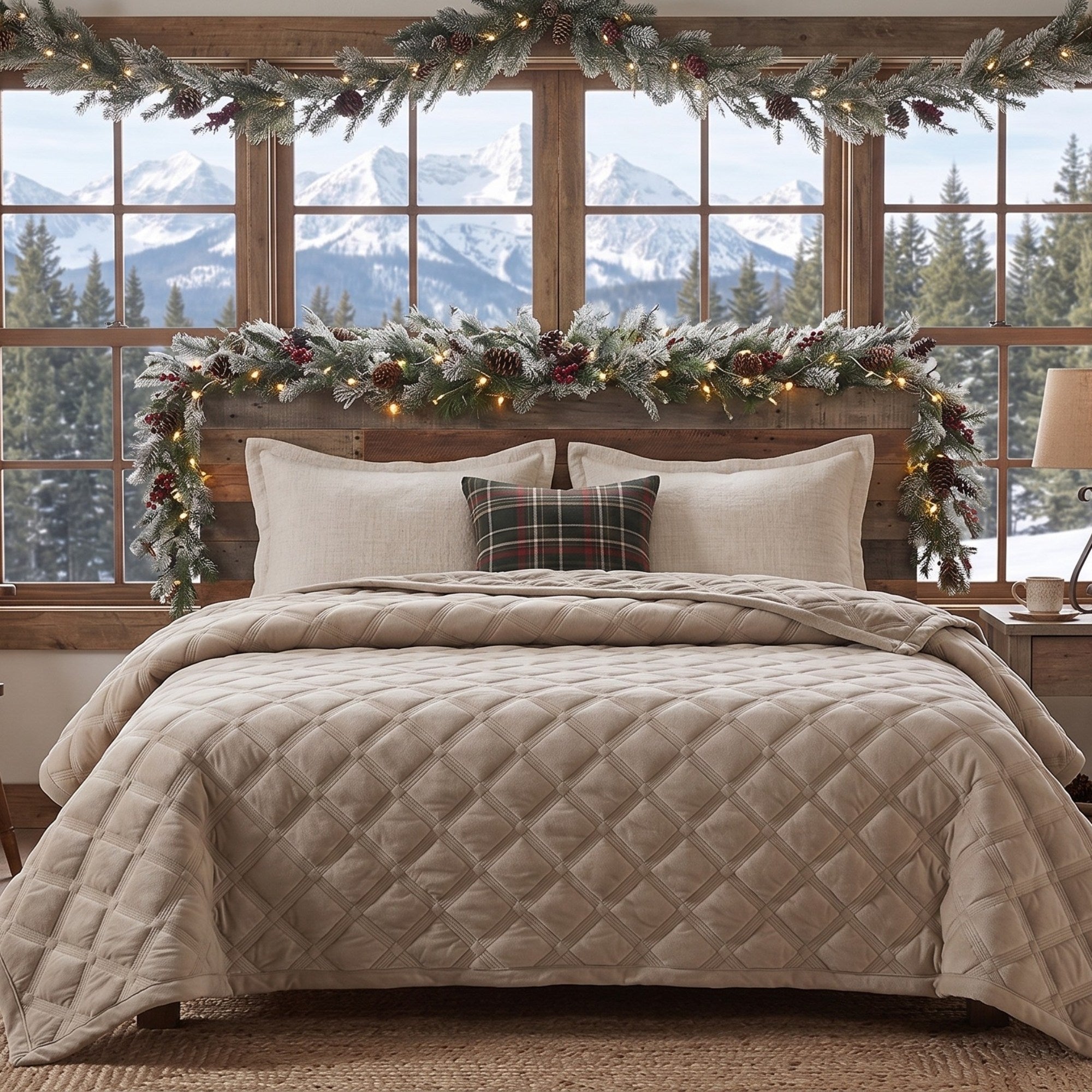 A neatly made bed in a rustic bedroom setting, featuring a quilted beige comforter, cream pillows, and a plaid accent pillow. The bed is decorated with a holiday garland and stands in front of large wood-framed windows showing a snowy mountain landscape.