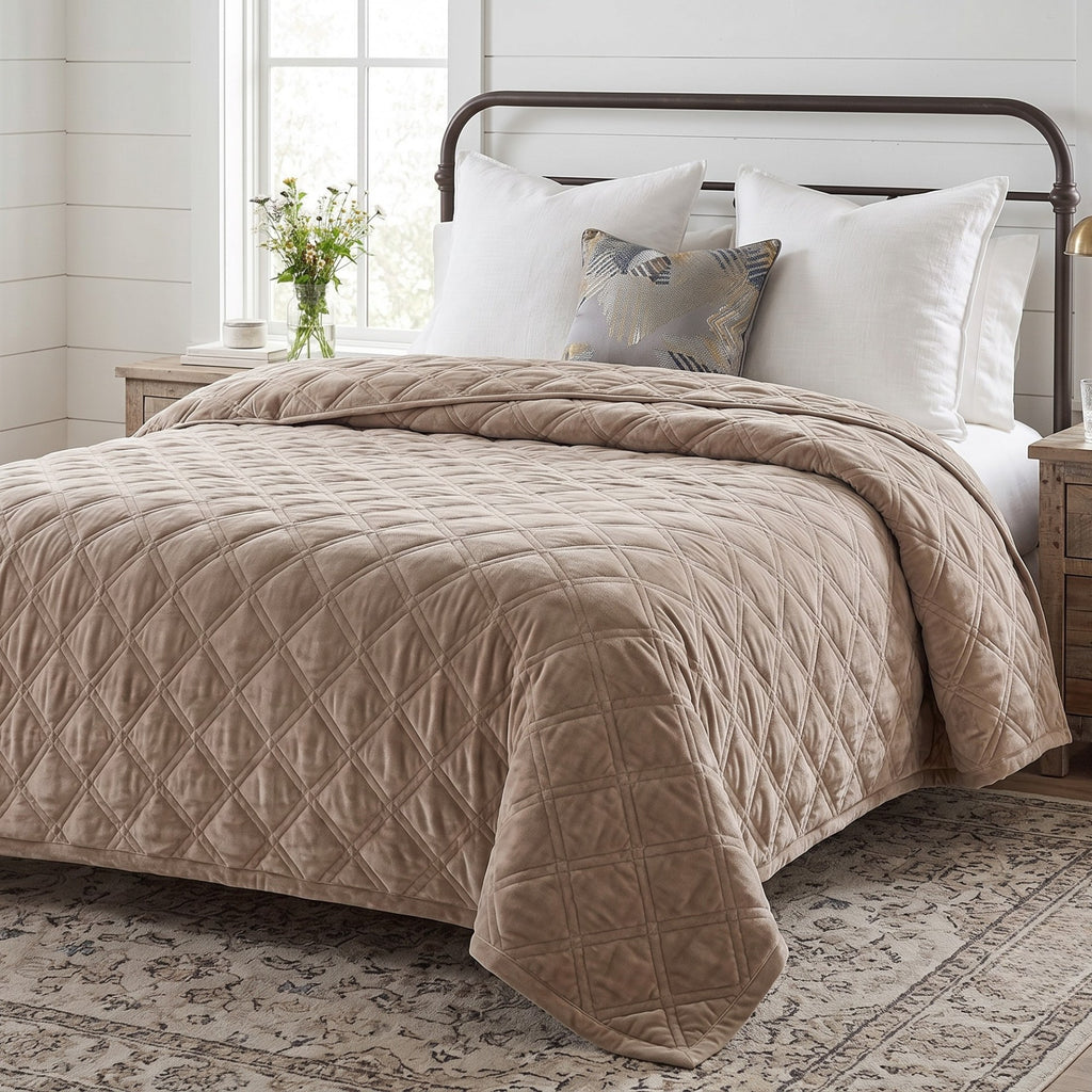 A quilted beige comforter with a diamond pattern styled on a bed with white pillows and a decorative accent pillow in a bright bedroom setting.