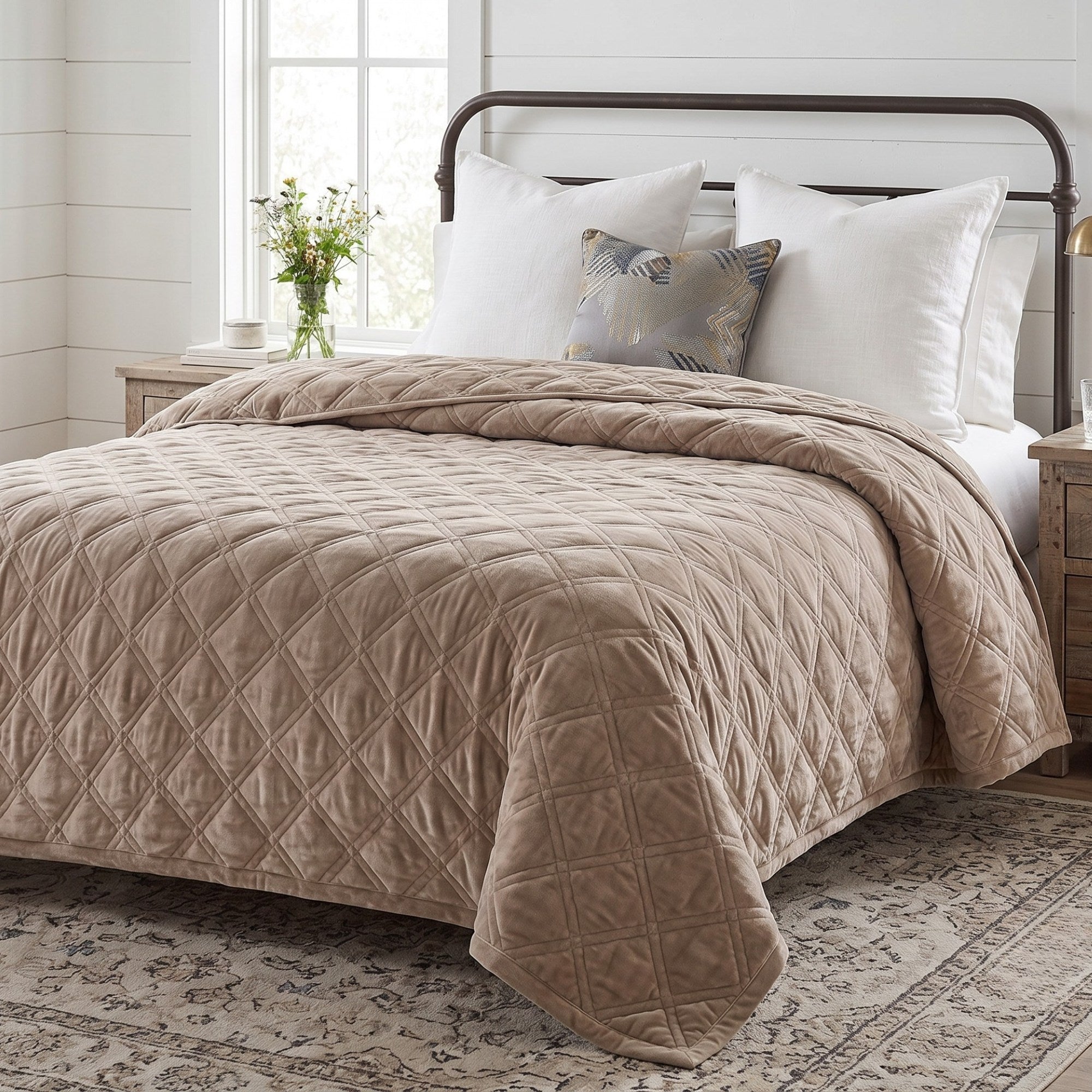 A quilted beige comforter with a diamond pattern styled on a bed with white pillows and a decorative accent pillow in a bright bedroom setting.