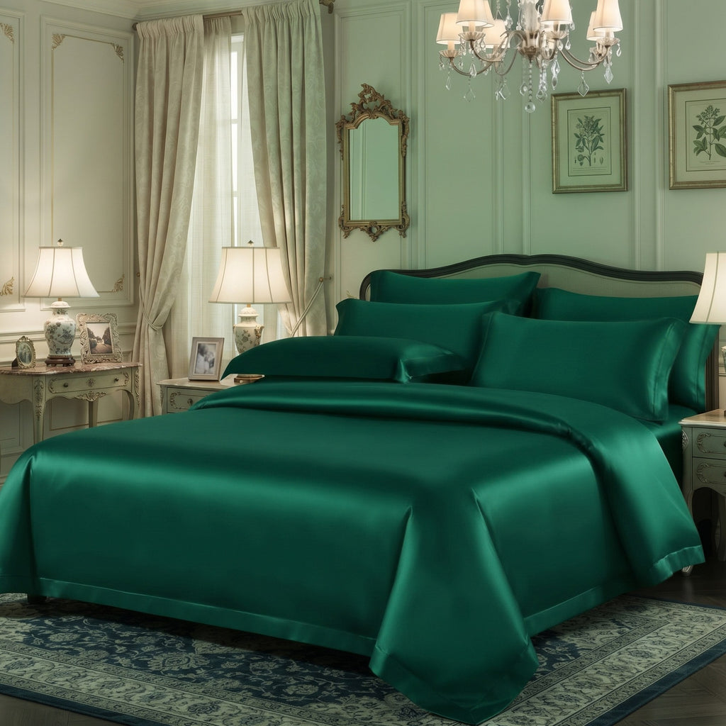A luxury silk bedding set in a rich emerald green color, styled on a bed in an elegant, classic bedroom with cream walls, lamps, and a chandelier.